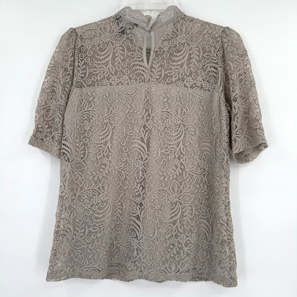 Adiva Lace Top Womens Size M Tan Beige Sleeveless Mock Neck Boho Crochet Blouse